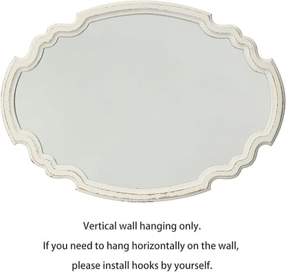 Vintage Sculpted Oval Mirrors for Wall Decor Living Room 16 x 23 inch, Hanging Distressed White Ornate Accent Wood Farmhouse Mirror, Rustic Wall Mounted Mirrors for Small Bathroom Entryway