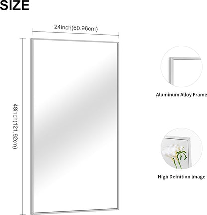 COFENY 48x24In Silver Bathroom Mirror for Wall, Brushed Nickel Rectangle Mirrors with Metal Frame, Bathroom Rectangular Mirror Modern Wall Mirror for Bedroom Living Room, Hangs Horizontal or Vertical