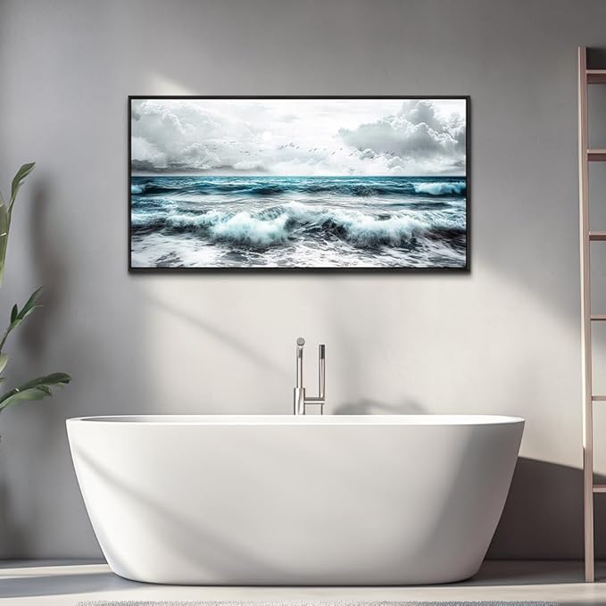 ERQINHUA Black And White Beach Canvas Wall Art For Living Room Wall Decoration For Bedroom Office Wall Decor Blue Sea Wave Printing Pictures Artwork Home Decor Painting Black Framed 24x48 In