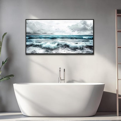 ERQINHUA Black And White Beach Canvas Wall Art For Living Room Wall Decoration For Bedroom Office Wall Decor Blue Sea Wave Printing Pictures Artwork Home Decor Painting Black Framed 24x48 In