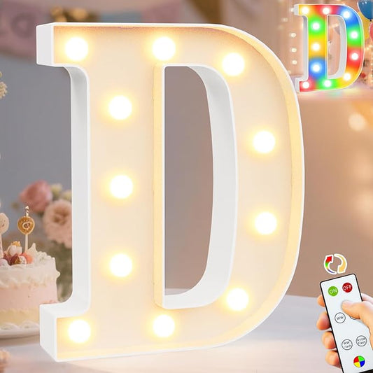 Pooqla LED Light Up Letters, Warm White and Colorful Lighted Marquee Letters with Remote, Lighted Letter for Party Birthday Decorations, Gift for Girls Boys Night Light, Wedding Home Decor, Letter D