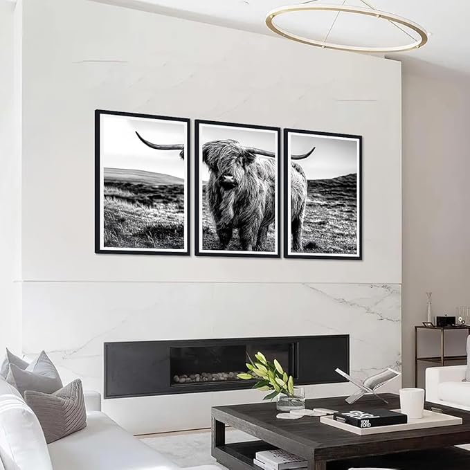 Yatsen Bridge Farmhouse Highland Cow Canvas Wall Art Black White Vintage Farmhouse Cow Picture for Kitchen Wall Decor Country Animal Print Artwork for Living Room Bedroom Decoration 16x24inchx3pcs