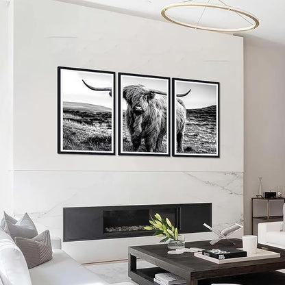 Yatsen Bridge Farmhouse Highland Cow Canvas Wall Art Black White Vintage Farmhouse Cow Picture for Kitchen Wall Decor Country Animal Print Artwork for Living Room Bedroom Decoration 16x24inchx3pcs