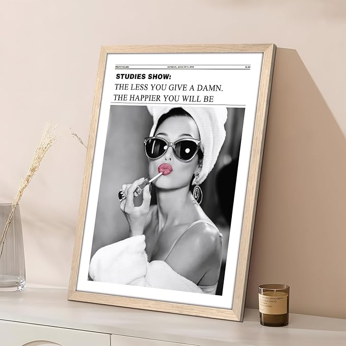Vintage Black and White Trendy Newspaper Wall Art, Positive Headline Canvas Bedroom Wall Decor, Bathroom Poster Print Picture, Girly Apartment Dorm Room Decor Painting16x24 inch Light Wood Framed