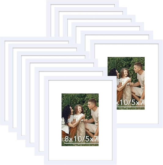 JCJMY 12 Packs 8x10 Picture Frames, Display 5x7 with Mat or 8x10 Without Mat, Gallery Wall Frame Set, 8 by 10 Frames Bulk Set of 12 Collage Wall Decor Photo Frames Set for Wall and Tabletop, White