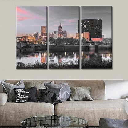 TUMOVO Indianapolis Indiana City Skyline Canvas Paintings Wall Art 3 Panel Skyscrapers Wall Decor for Living Room, Bedroom, Bathroom, Office. House Decor Framed Ready to Hang (36" Wx24 H)