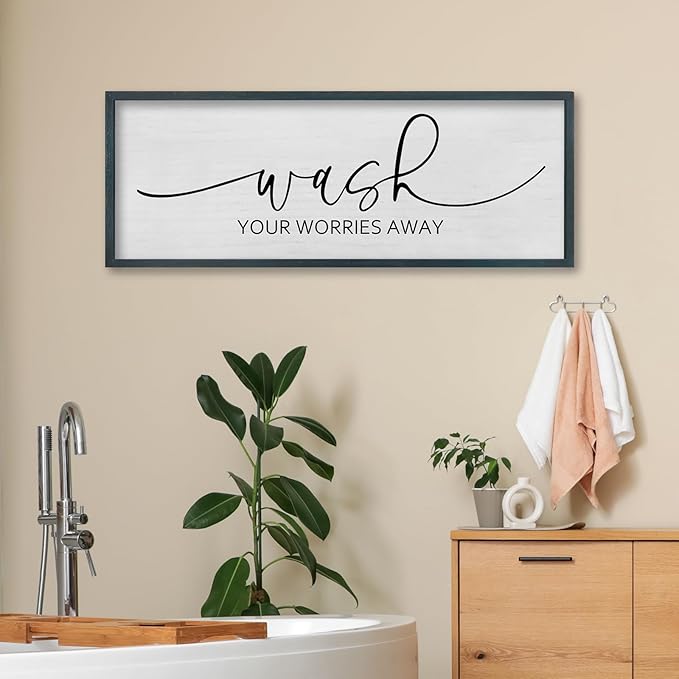 FZMHASLWW Funny Laundry Room Bathroom Wall Decor Wash Your Worries Away Sign 40"×15" Inspirational Quote Art for above the Bathtub Restroom Large Minimalist Wood Framed Hanging Plaqu (Black)
