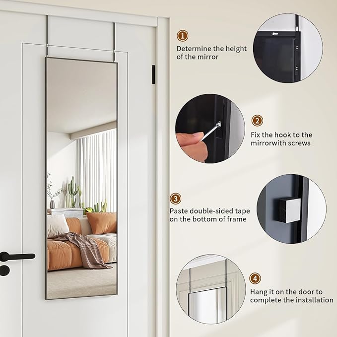 Door Mirror, Over The Door Full Length Mirror, 48"x14" Hanging Mirrors for Bedroom, Living Room, Entryway, Dorm, Black