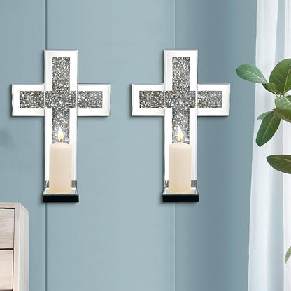 Aeveco Crystal Crush Diamond Mirrored Candle Sconces, Silver Wall Candle Holder Set of 2, Wall Decoration for Living Room，Dining Room (Silver Cross)