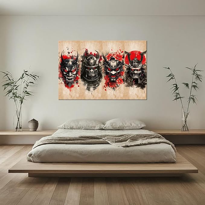Bushido Wall Art Japanese Samurai Wall Decor Bushido Wall Art Red and Black Canvas Pictures for Japan Theme Restaurant Tavern Hotels Bedroom Living Room Office Bathroom Asian Artwork Prints Framed