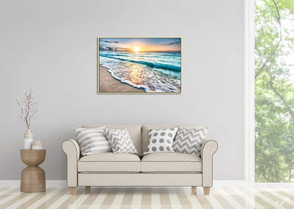 Wieco Art Framed Art Sea Waves Canvas Prints Wall Art Abstract Seascape Paintings for Living Room Home Decorations Large Framed Canvas Art Sea Artwork Golden Frame
