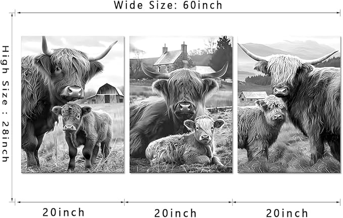 Rustic Cow Family Canvas Wall Art 3 Piece Black and White Highland Cow Picture for Bathroom Wall Decor Cute Animal Print Artwork for Country House Gallery Bedroom Decoration 20x28inchx3pcs