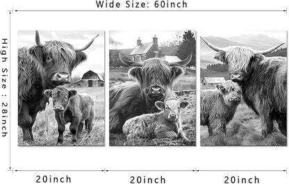 Rustic Cow Family Canvas Wall Art 3 Piece Black and White Highland Cow Picture for Bathroom Wall Decor Cute Animal Print Artwork for Country House Gallery Bedroom Decoration 20x28inchx3pcs