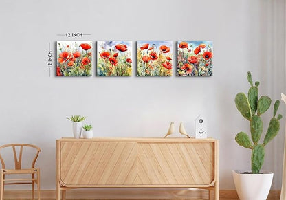 Red Poppy Floral Canvas Wall Art Bedroom Wall Decor Abstract Watercolor Poppies Picture for Living Room Bathroom Nature Botanical Paintings Prints Poster Wildflower Artwork Home Decoration 12x12” 4Pcs
