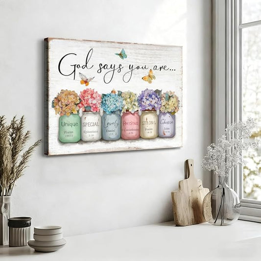 Inspirational Bible Verse Wall Art God Says You Are Sayings Wall Decort Christian Gift Quotes Painting scripture Pictures Print Flowers in Mason Jar Poster for Women Girls Bedroom(16x12 Canvas)