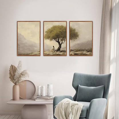 HLNIUC Jesus Sitting Under Olive Tree Canvas Wall Art,Religious Christian Wall Decor(16x24x3),Easter God Bible Story Framed Artwork,Vintage Garden of Gethsemane Prints for Church,Living Room,Bedroom