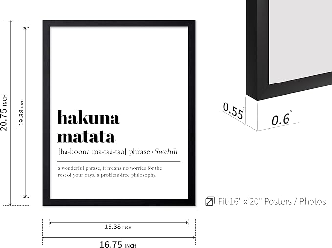 Poster Master Typography Poster - Dictionary Print - Hakuna Matata Definition, Wonderful Phrase, No Worries, Funny, Motivational - Gift for Kids, Friend - Wall Decor for Home, 16x20 Black Framed