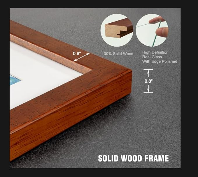 8x8 Picture Frame Set of 4 Made of Solid Wood Photo Frame with Real Glass for Pictures 5x5 with Mat or 8x8 Without Mat,Wall Gallery or Tabletop display Picture Frames,Brown