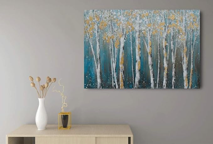 Yihui Arts Canvas Wall Art White Grey Birch Trees Branches Painting Gold Foil Leaves Pictures, Modern One Framed Large Size for Living Room Bedroom Home Office Decor