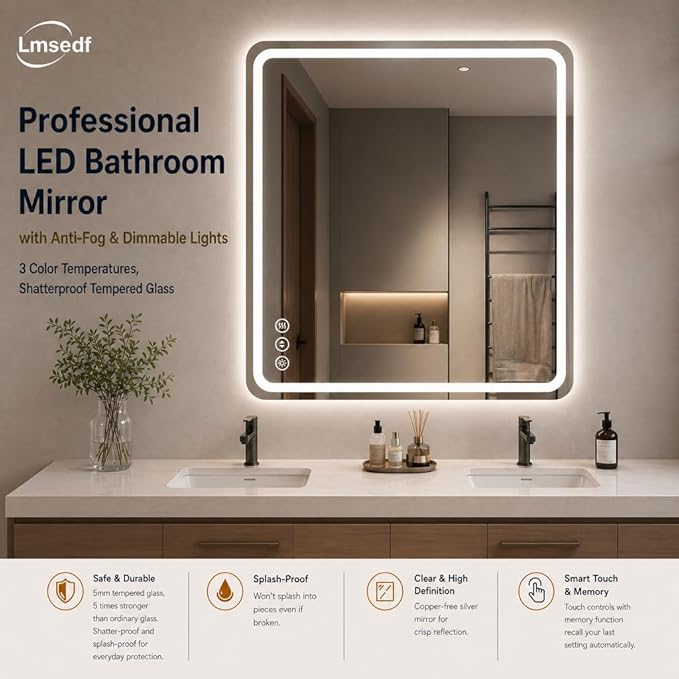 30" x 36" Led Bathroom Mirror with Lights, Anti-Fog & Tri-Color Lighting - Wall Mounted Shaving Mirror with Touch Sensor, Waterproof & Smart LED Vanity Mirror,Tempered Glass, Dimmable Smart Mirror