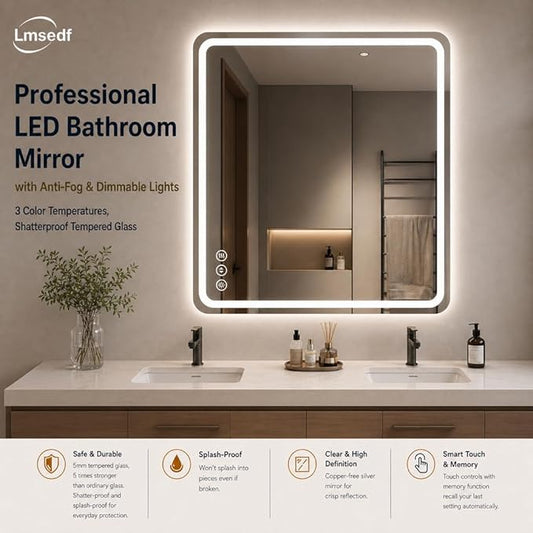 30" x 36" Led Bathroom Mirror with Lights, Anti-Fog & Tri-Color Lighting - Wall Mounted Shaving Mirror with Touch Sensor, Waterproof & Smart LED Vanity Mirror,Tempered Glass, Dimmable Smart Mirror