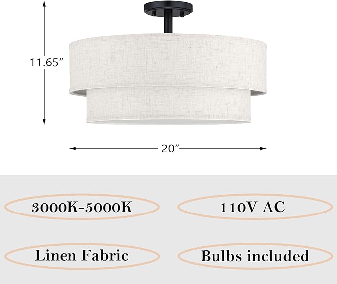 20 Inch LED 24W Adjustable 3000/4000/5000 Black Double Drum Linen Fabric Shade Semi Flush Mount Close to Ceiling Light Fixture for Bedroom,Living Room,Dining Room Hallway