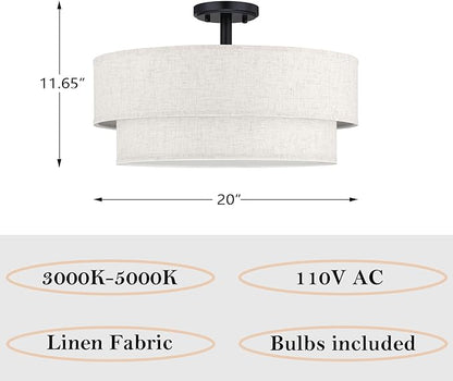 20 Inch LED 24W Adjustable 3000/4000/5000 Black Double Drum Linen Fabric Shade Semi Flush Mount Close to Ceiling Light Fixture for Bedroom,Living Room,Dining Room Hallway
