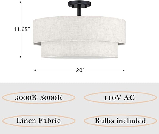 20 Inch LED 24W Adjustable 3000/4000/5000 Black Double Drum Linen Fabric Shade Semi Flush Mount Close to Ceiling Light Fixture for Bedroom,Living Room,Dining Room Hallway