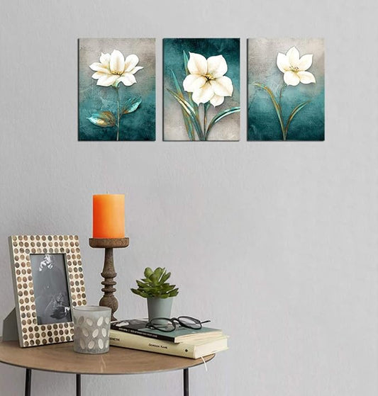 Flower Canvas Wall Art Cream White Floral Wall Decor Turquoise Tealish Grey Background Canvas Picture Modern Rustic Artwork Bathroom Bedroom Living Room Home Office Decoration 12" x 16" x 3 Pieces