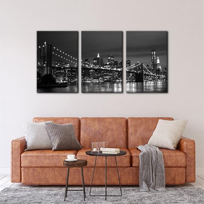 Pacimo New York Brooklyn Bridge Canvas Wall Art 3 Panels Night View Modern Landscape Artwork Cityscape Pictures Prints on Canvas Wall Decor for Home & Office Decoration - 16 x 24 inch x 3