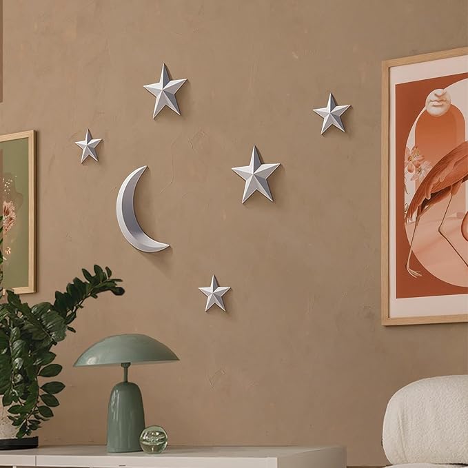 MidModArt 6PCS Mid Century Modern 3D Star Wall Art Gold Retro Starburst Sculptures Vintage Celestial Home Decor, Silver Moon