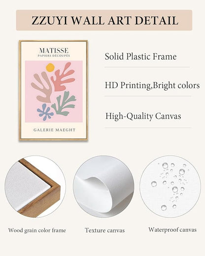 Zzuyi Henri Matisse Pink Framed Wall Art,Abstract Botanical Matisse Canvas Wall Decor,Minimalist Classic Decor Aesthetic for Living Room,Bedroom,Bathroom 12x16in