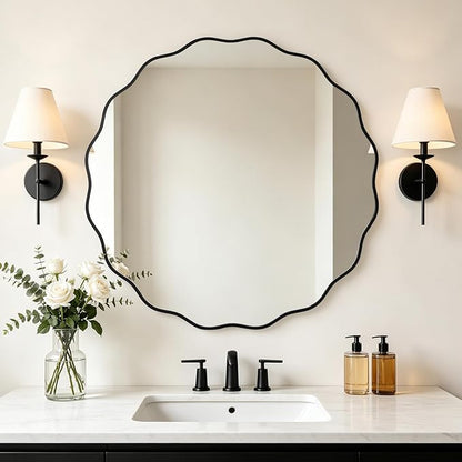 WallBeyond Round Wavy Mirror for Wall Decorative 36 inch, Modern Round Mirror Aluminum Frame for Bathroom Bedroom Living Room Home House Office Entryway, Black