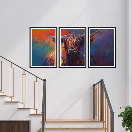 Abstract Highland Cow Framed Canvas Wall Art Colorful Cow Portrait Picture Wall Decor for Farmhouse Animals Print Artwork for Country House Office Nursery Decoration Easy to Hand 16x24inchx3pcs