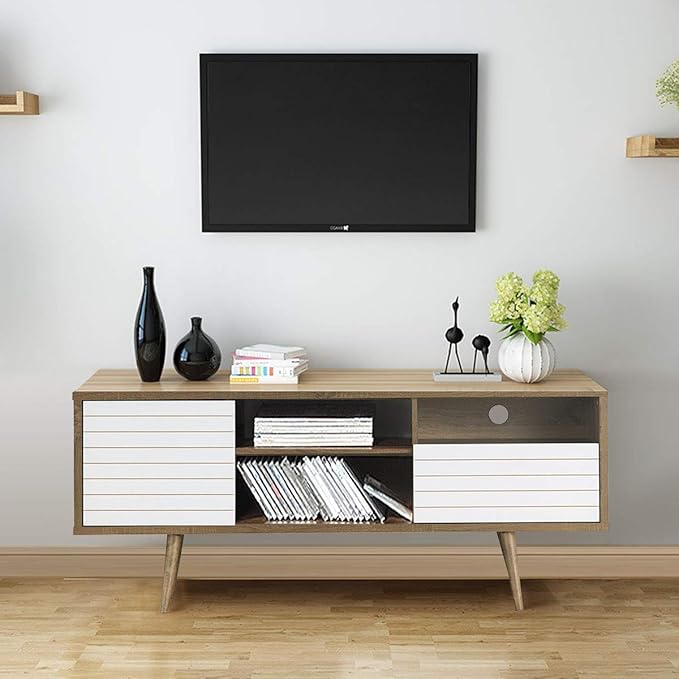 Tangkula Mid-Century Modern TV Stand for TVs up to 70" - Wooden Console Table with Storage Shelves, Cabinet and Drawer, Living Room Entertainment Center (Walnut & White)