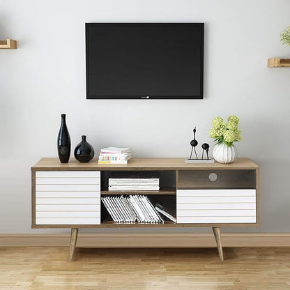 Tangkula Mid-Century Modern TV Stand for TVs up to 70" - Wooden Console Table with Storage Shelves, Cabinet and Drawer, Living Room Entertainment Center (Walnut & White)
