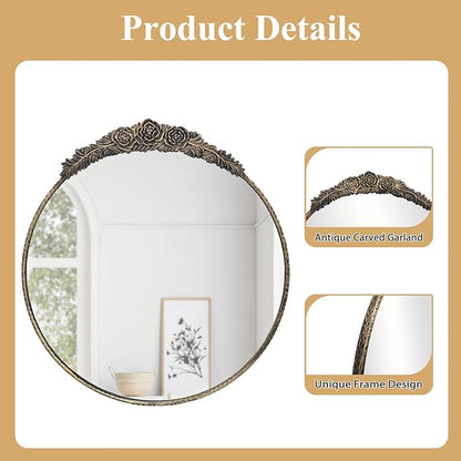 Growsun Round Wall Mirror with Vintage Black Floral Frame – 28 Inch Decorative Wall Mirror for Living Room, Bedroom, Entryway, Bathroom Vanity – Elegant Antique Accent Home Décor