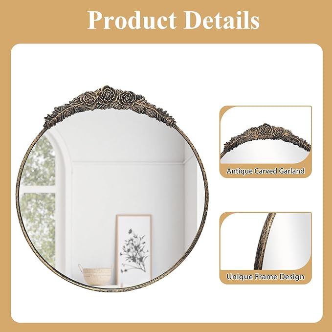 Growsun Round Wall Mirror with Vintage Black Floral Frame – 24 Inch Decorative Wall Mirror for Living Room, Bedroom, Entryway, Bathroom Vanity – Elegant Antique Accent Home Décor