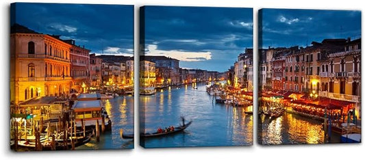 Pacimo Venice Night View 3-Piece Waterproof Watercolor Wall Art, Modern Canvas Prints - 16 x 36 inch, Ready to Hang - Living Room Decor
