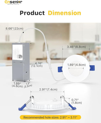 Ensenior 4 Pack 3 Inch LED Recessed Light, Dimmable, 2700K-5000K 5CCT, 500LM High Brightness, 6W 120V, Damp Rated, Ultra-Thin Canless Wafer Light - ETL & FCC & IC