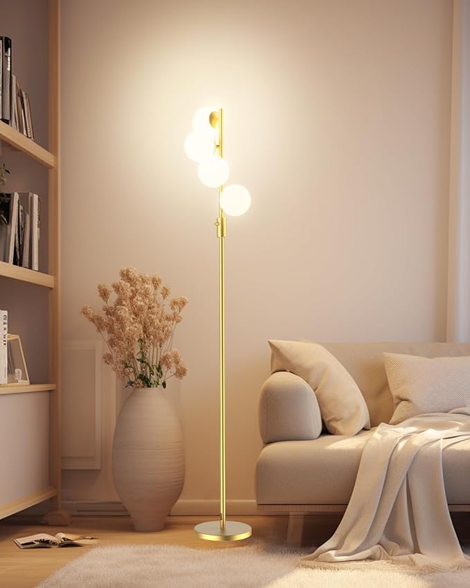 Lightdot 64IN Dimmable Globe Floor Lamp, Modern Gold Standing Lamps with 4PCS Warm White Bulbs Included,Mid Century Floor Lamp with 5Lbs Heavy Base for Living Room/Bedroom/Sofa Beside/Corner Decor