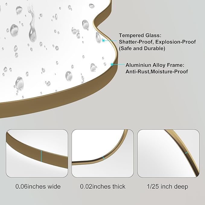Itrue 26×46 Inch Gold Framed Irregular Tempered Glass Wall Mirror, Asymmetrical Vanity Mirror for Bathroom, Bedroom, Entryway