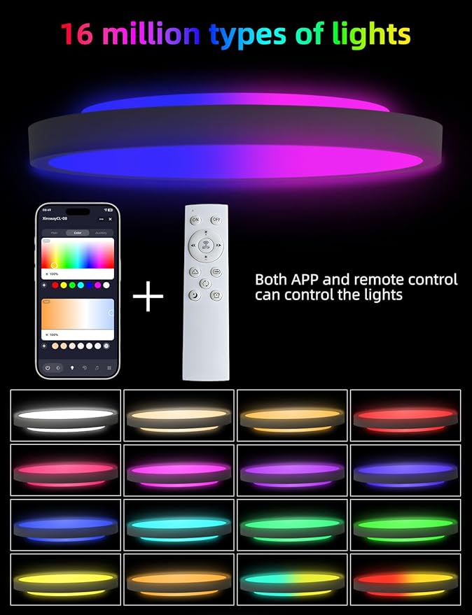Smart Ceiling Light, 12 Inch RGBIC LED Flush Mount Ceiling Light Fixture, 2400LM, DIY Colors, Alexa & Google Compatible, 2200K-6500K for Bedroom, Living Room, White, 1 Pack