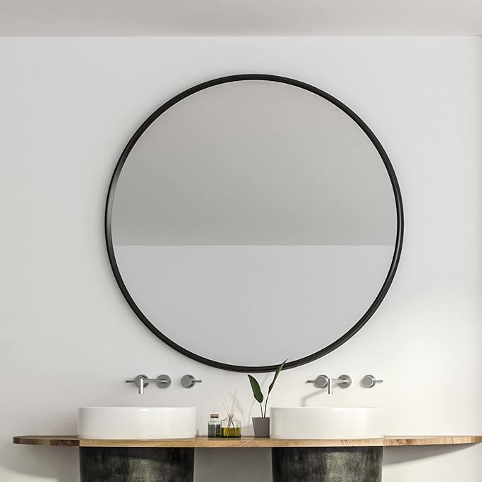 Itrue 36 Inch Black Round Mirror for Bathroom, HD Glass Circle Wall Mirror with Brushed Metal Anti-Rust Frame, Modern Decorative Mirror for Living Room, Bedroom, Entryway, Easy Install