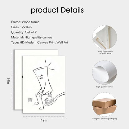 Framed Funny Bathroom Wall Art Set of 2,Black and White Cartoon Toilet Humor Canvas Prints,Cute Toothpaste and Toilet Paper Painting Pictures,Modern Minimalist Bathroom Decor for Home Restroom 12x16IN
