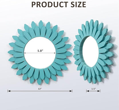 Honiway Beach Wall Decor Mirror 2 Pack 12 inch Wood Coastal Wall Decor Sunburst Boho Home Decor Room Decor for Bedroom Living Room Entryway Cyan