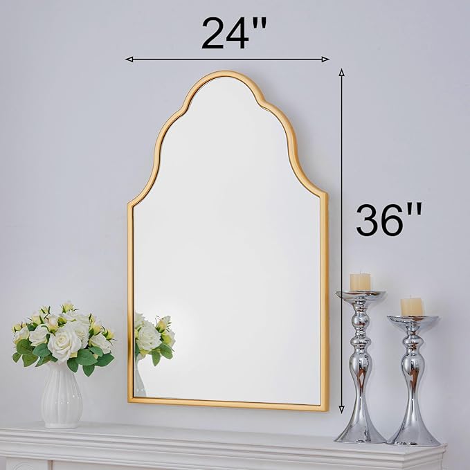 Chende Gold Bathroom Mirror with Wooden Frame, 36"X24" Arched Mirror for Living Room Decor, Modern Scalloped Mirror for Entryway, Dining Room, Bedroom