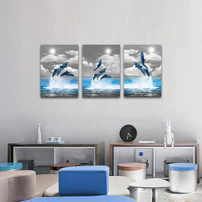 TTHYUEWS Canvas Wall Art For Bedroom Modern Wall Decor For Living Room Black and White Seascape Blue Ocean Wall Painting Animal Dolphin Abstract Pictures Artwork Bathroom Home Decor 3 Piece 12x16