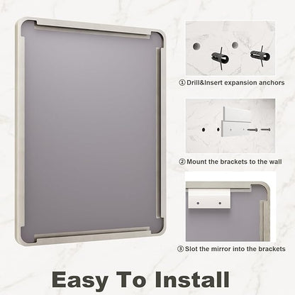 24x32 Inch Brushed Nickel Bathroom Mirror, Brushed Silver Metal Framed Wall Mirror, Rounded Corner Rectangle Modern Vanity Mirror, Tempered Glass, Anti-Rust, Shatterproof (Horizontal/Vertical)