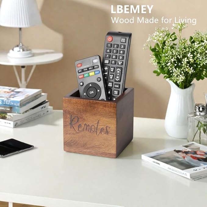 LBEMEY Acacia Wood TV Remote Holder, Caddy and Organizer for Table, Vintage Farmhouse Desk Caddy (Brown for 2 or 3 Remote Controls)